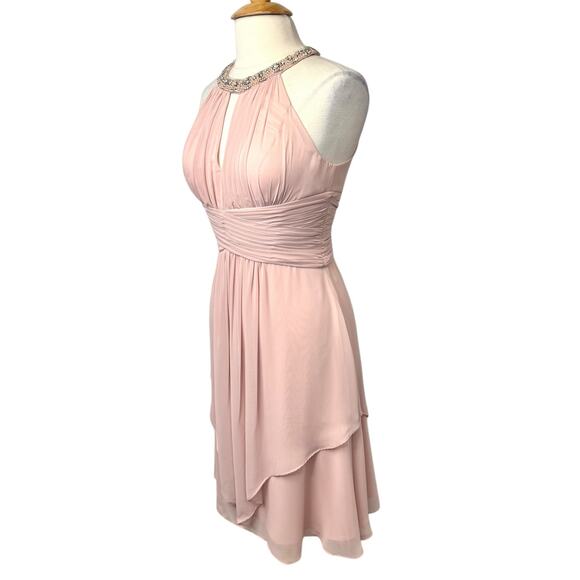 Eliza J Cocktail Dress Size 6 Pink Embellished Neck Tiered Chiffon Pleated Waist - Picture 2 of 15